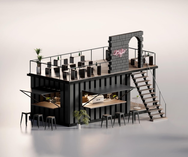 Widok izometryczny minimalna kawiarnia i restauracja kontener sklep architektura zewnętrzna renderowania 3d sztuka cyfrowa