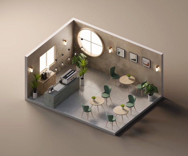 Widok izometryczny minimalny sklep kawiarniany otwarty wewnątrz architektury wnętrz, renderowania 3d.