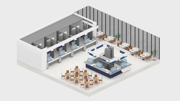 Widok izometryczny restauracji w centrach handlowych renderowanie 3D