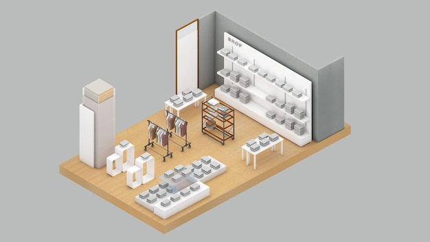 Widok izometryczny sklepu odzieżowego renderowanie 3d centrów handlowych