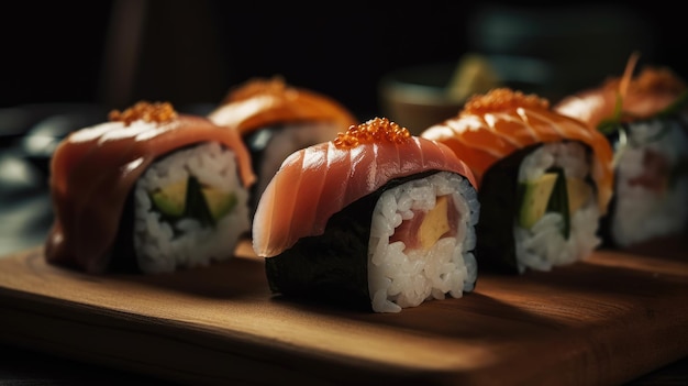 Zdjęcie widok japońskiego sushi na drewnianym stole generatywny ai