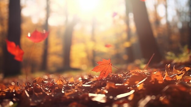 Widok jesieni liści klonu ozdabiających drogę i las piękny naturalny bokeh tło kolorowe liście szeroka panorama