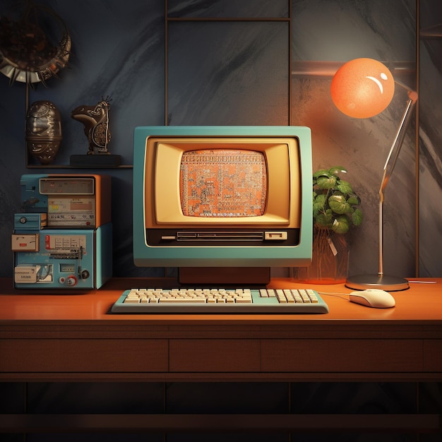 Zdjęcie widok komputera wyglądającego retro na stacji roboczej na biurku