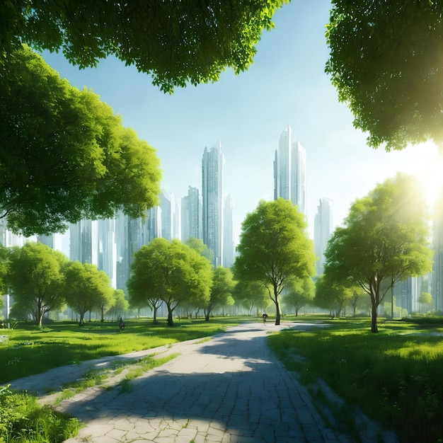 Widok krajobrazowy przyszłego miasta z generatywną grafiką eko-zielonego parku autorstwa AI
