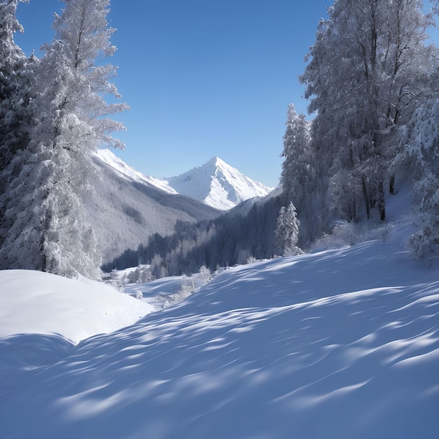 Widok krajobrazu generatywnej grafiki wielkich gór pokryte śniegiem autorstwa AI