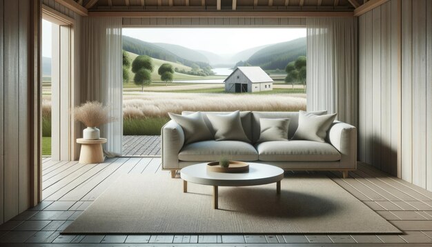 Widok krajobrazu nowoczesnego salonu w wiejskim domu odzwierciedlającym skandynawski etos projektowania