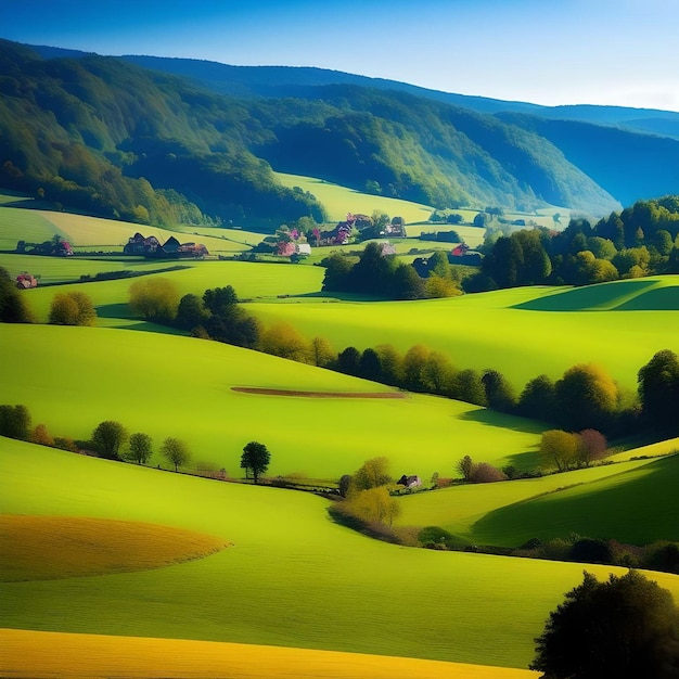 Zdjęcie widok krajobrazu przyrody wsi z górami i ilustracją czystego nieba