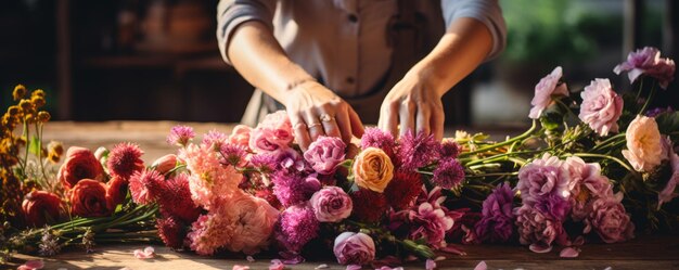 Zdjęcie widok kwiaciarza robiącego bukiet kwiatów na drewnianej powierzchni przygotowuje kwiaty w sklepie kwiaciarskim