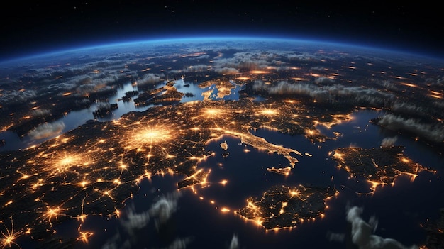 Widok lotniczy Europy z kosmosu w nocy Technologia komunikacyjna z globalną siecią internetową połączona w Europie
