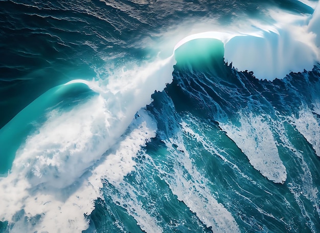 widok lotniczy ogromnych fal w niebieskim oceanie w stylu eksploracji teksturalnych płynnych gestów