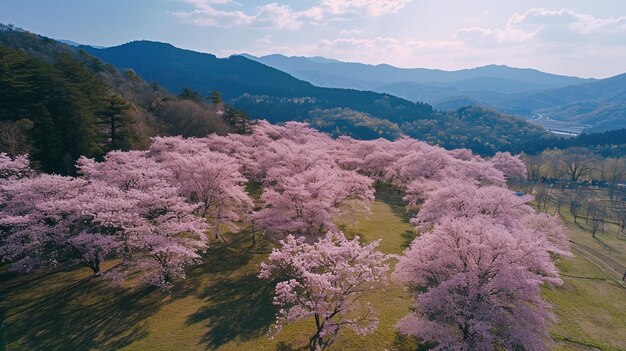 Widok lotniczy z drona na górę Yoshino w pobliżu kwitnących wiśni Generative Ai