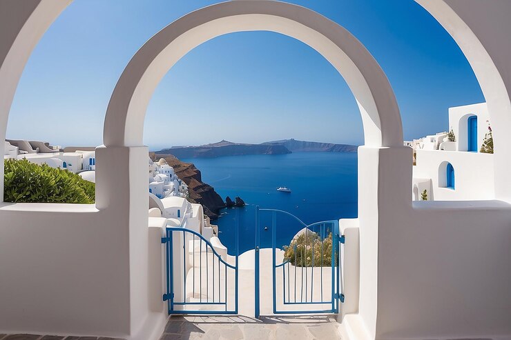 Zdjęcie widok łukowej bramy z widokiem na plażę morską w stylu wyspy santorini