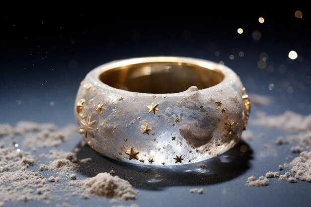 Widok luksusowego złotego pierścionka z białym pyłem