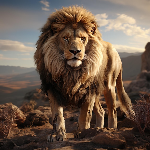 Zdjęcie widok lwa 3d z tłem przyrody