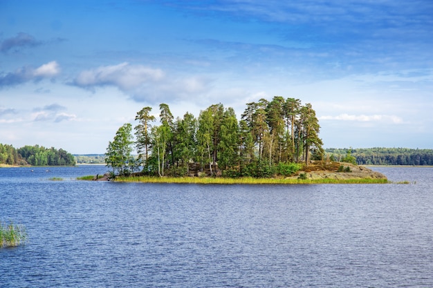 Widok Mała wyspa w Monrepos parku w mieście Vyborg, Vyborg zatoka, Leningrad region, Rosja. Sierpień 2018. Piękny krajobraz w parku.