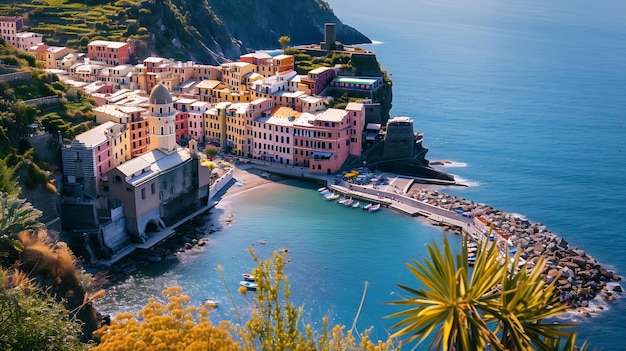 Widok malowniczy kolorowej wioski Vernazza i wybrzeża oceanu w Cinque Terre we Włoszech Generatywna sztuczna inteligencja