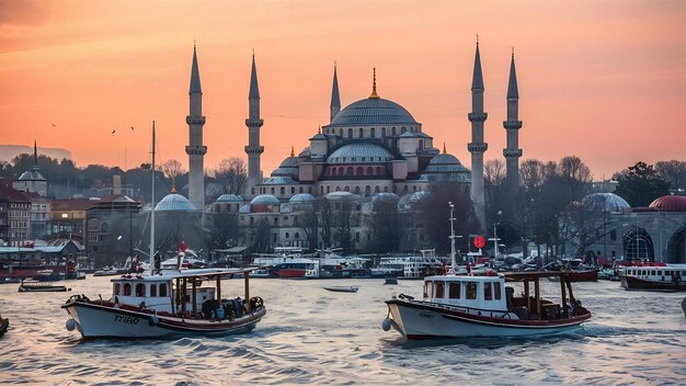 Widok meczetu Suleymaniye i łodzi rybackich w Eminonu w Stambule w Turcji