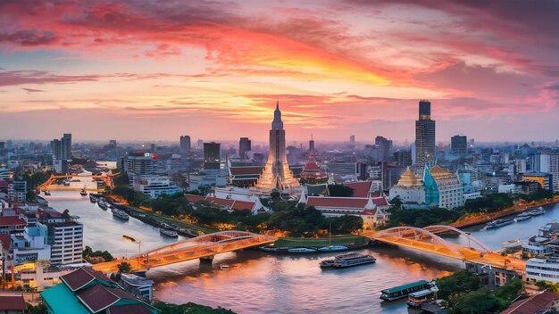 Widok miasta Bangkoku o zachodzie słońca