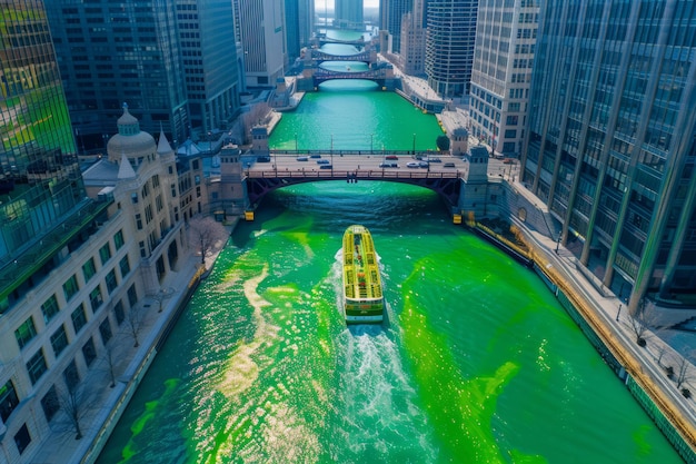 Widok miasta Chicago z rzeką zabarwioną na zielono na święto Świętego Patrika
