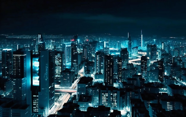 Widok miasta ukazany jest nocą z pobliskimi wysokimi budynkami