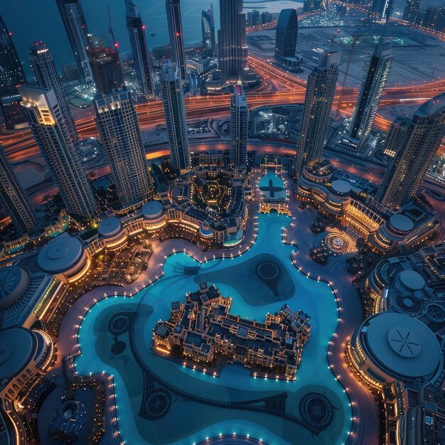 widok miasta z góry z niebieskim basenem w środku