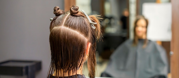 Widok młodej kobiety brunetka z podzielonymi włosami w sekcjach w salonie fryzjerskim z tyłu