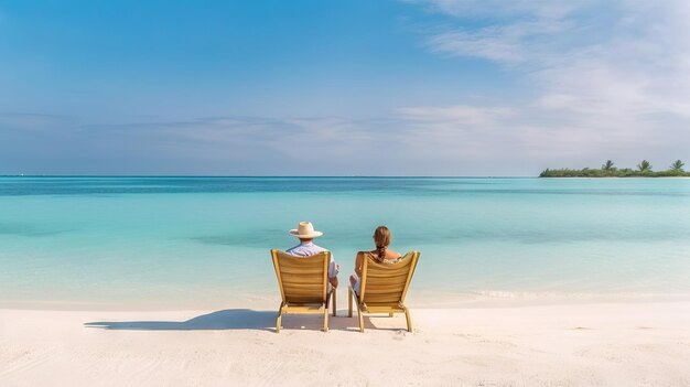 Widok młodej pary siedzącej na leżakach na tropikalnej plaży z tyłu Generative AI