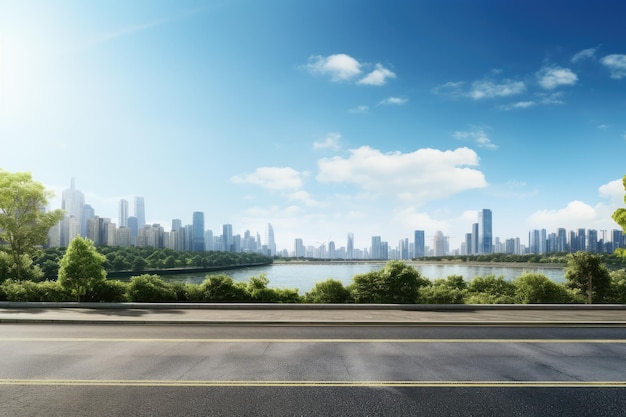 Widok na autostradę z ogrodem nad jeziorem i nowoczesną panoramę miasta w tle