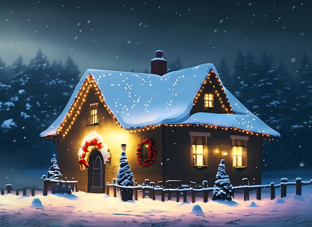 Widok na bożonarodzeniowy dom w śniegu