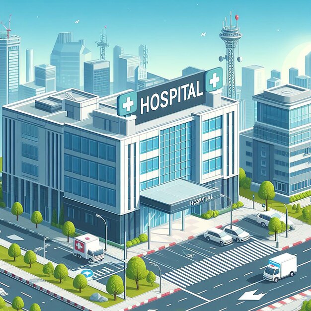 Widok na budynek szpitala z tablicą informacyjną