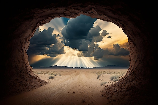 Widok na ciemne niebo z glinianego tunelu