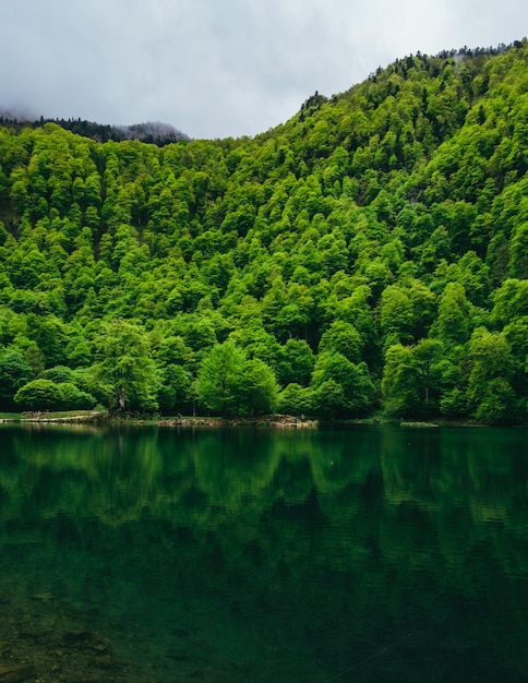 Widok na górskie jezioro Bethmale i zielone odbicie w wodzie we francuskich Pirenejach