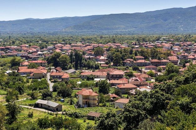 Widok na góry i ogrody wioski Pozar z wysokości w letni dzień Macedonia Środkowa Grecja