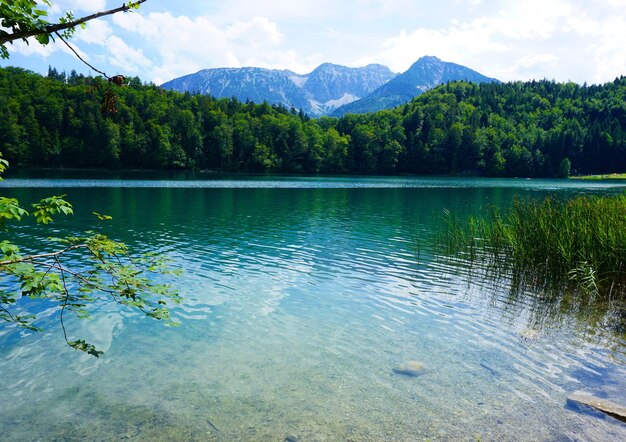 Zdjęcie widok na jezioro i góry w tle nieba