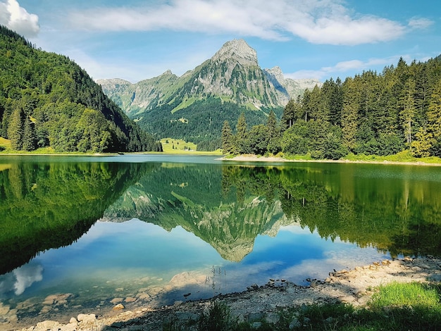 Widok na jezioro i góry w tle nieba