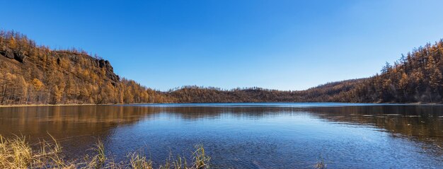 Widok na jezioro na tle niebieskiego nieba