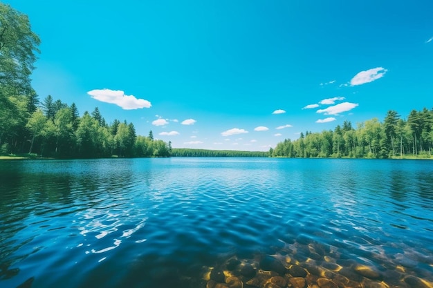 Widok na jezioro na tle niebieskiego nieba