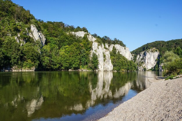 Widok Na Jezioro Przez Drzewa Na Tle Jasnego Niebieskiego Nieba