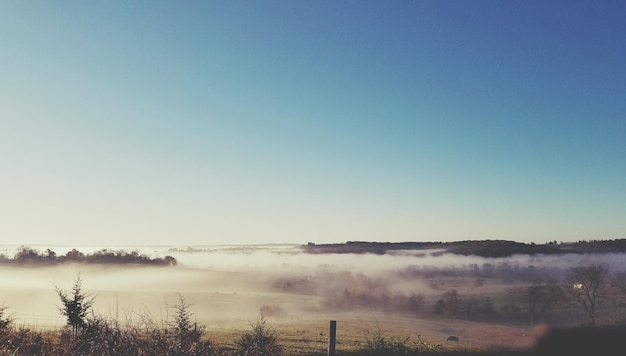 Zdjęcie widok na krajobraz na tle jasnego niebieskiego nieba