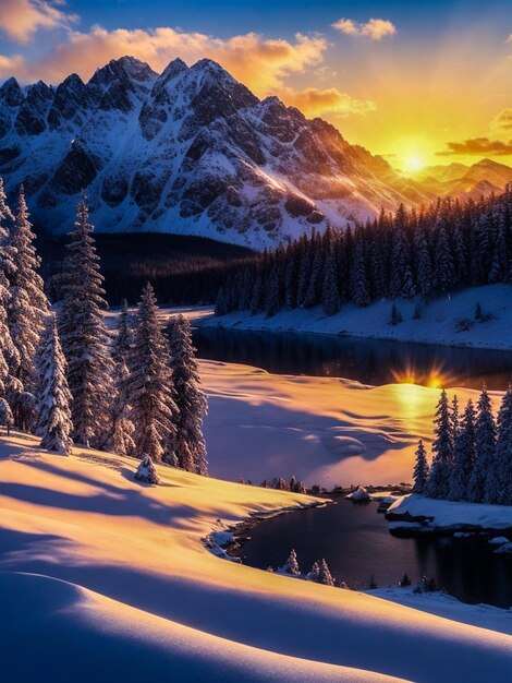 Widok na łańcuch górski przy zachodzie słońca, śnieg, spokojny krajobraz z widokiem na jezioro z małym domem.
