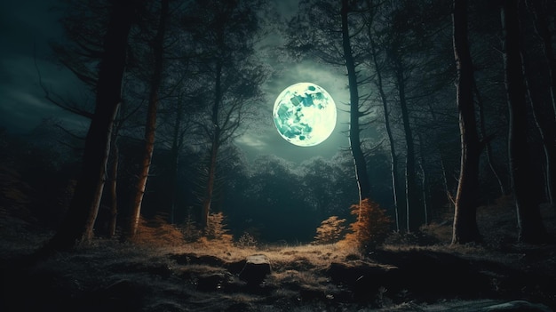 Widok na las z tłem pełni księżyca