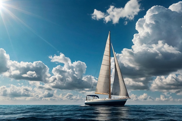 Widok na łódź żaglową z żaglem na tle nieba z chmurami kumulusowymi na morzu szeroki kąt zdjęcie przedniego jachtu