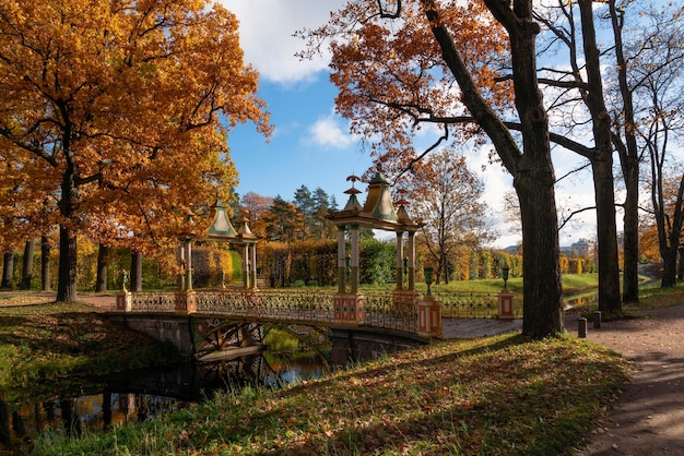 Widok na mały most chiński w Parku Aleksandra w Carskim Siole w słoneczny jesienny dzień Pushkin St Petersburg Rosja