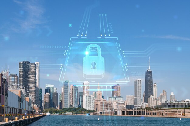 Widok na miasto drapaczy chmur w centrum Chicago Panorama nad jeziorem Michigan obszar portowy czas dzienny Illinois USA Koncepcja bezpieczeństwa cybernetycznego w celu ochrony poufnych informacji firm