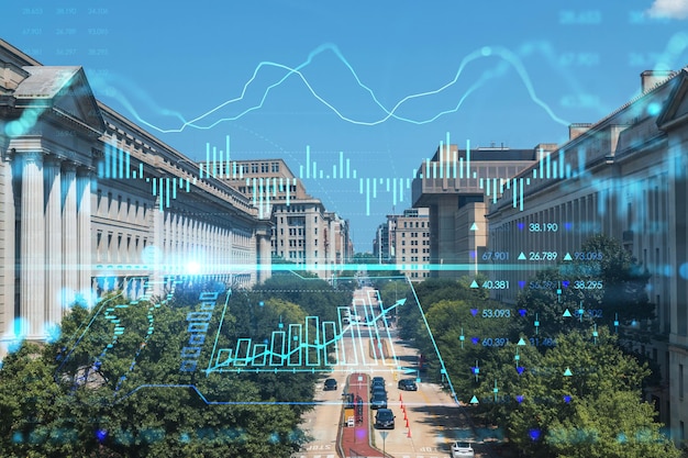 Widok na miasto kultowych budynków w Waszyngtonie USA Centrum polityczne Stanów Zjednoczonych Ameryki Wykres świecowy Forex hologram Koncepcja handlu internetowego Analiza maklerska