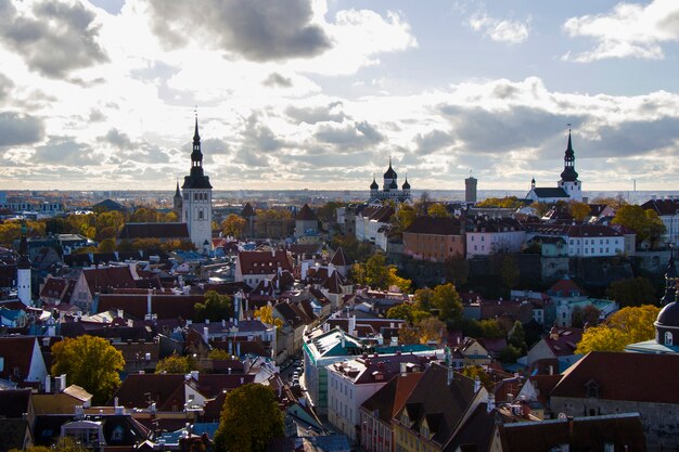 Widok na miasto w Tallinie. Budynki i architektura zewnętrzny widok na starym mieście w Tallinie, kolorowe domy w starym stylu. Widok panoramiczny. Estońska architektura.