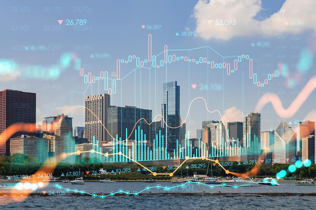 Widok na miasto Wieżowce w centrum Chicago Panorama na panoramę Jeziora Michigan Obszar portu w ciągu dnia Illinois USA Hologram wykresu Forex Pojęcie pośrednictwa w handlu internetowym i analiza fundamentalna