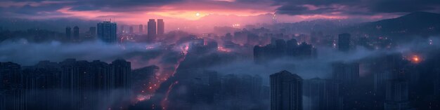 Zdjęcie widok na miasto, wysokie budynki, różowa mgła, tło, wciąż ramka, rozrywka, słońce, niesamowity krajobraz, niebo