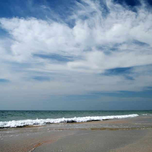 Widok na morską plażę i zachmurzone błękitne niebo