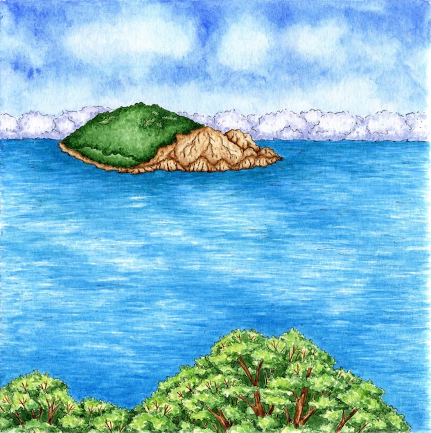 Widok na morze akwareli wyspy